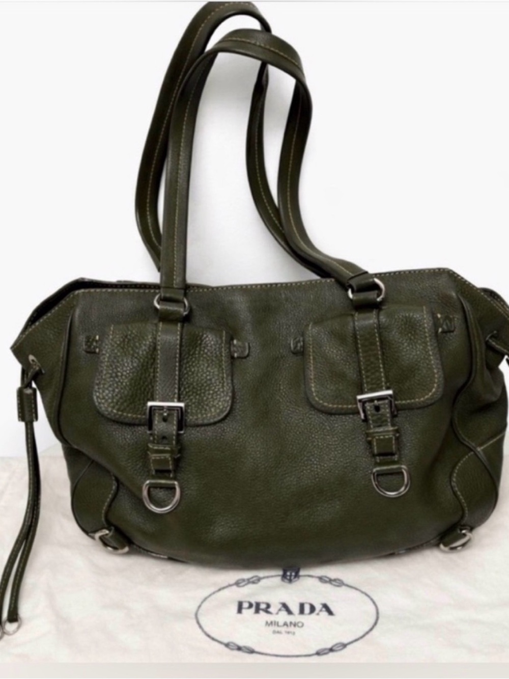 Prada Vitello Daino Leather Tote | Hunter Green | Silver Hardware | Like New